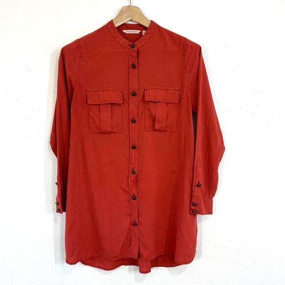 Soft Surroundings Blouse Top 100% Silk Small Red Long Sleeve Button Up No Collar - Picture 1 of 8